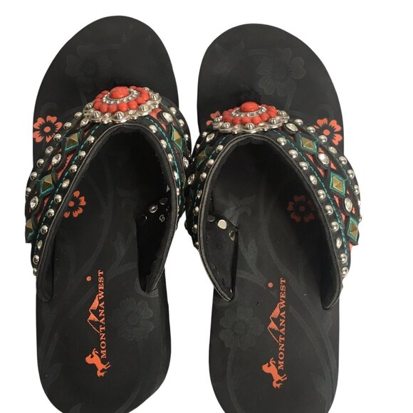 Montana West Shoes Womens Size 8 Black Wedge Flip Flop Sandals Rhinestone - Picture 8 of 10